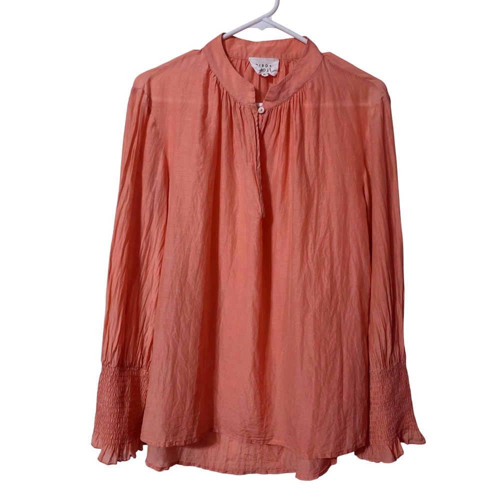 Bird & Knoll Women M Blouse Coral Peach Cotton Silk Smocked Cuff Lightweight